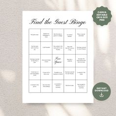 the printable find the guest bingo game is shown on top of a white wall