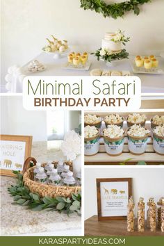 an animal safari birthday party with food and desserts, including cupcakes, marshmallows