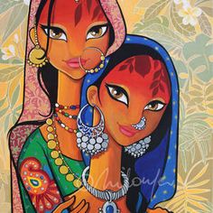 two women are hugging each other with colorful jewelry on their heads and arms, in front of a floral background