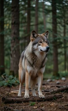 a wolf standing in the middle of a forest