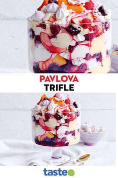 two different types of desserts with the words pavlova trifle