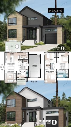 two story house plan with 3 car garages and 2 stories in the same area