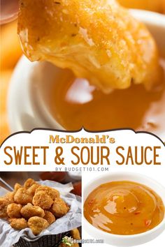 the cover of mcdonald's sweet and sour sauce with images of different foods in bowls