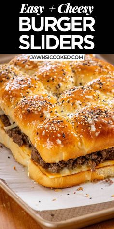 a cheeseburger slider sitting on top of a pan with text overlay that reads easy and cheesy burger sliders