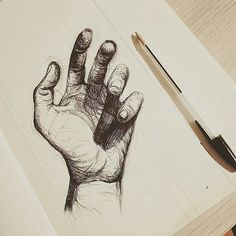 a pencil drawing of a hand holding something in it's palm and two fingers