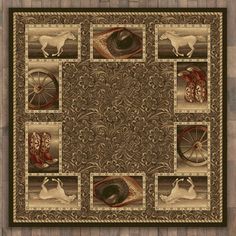 a rug with horses on it in the middle of a wooden floor and wood floors