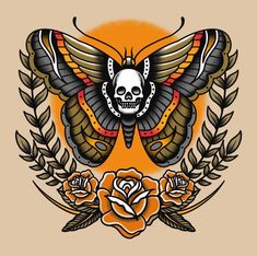 a skull butterfly with wings and roses on it's chest, in front of an orange background