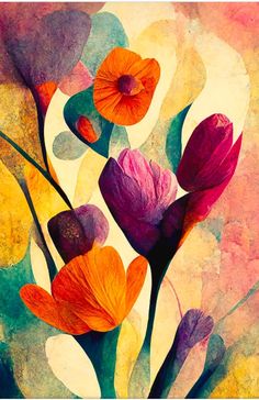 an abstract painting of flowers on a colorful background