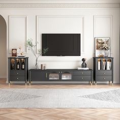 a living room scene with focus on the tv and entertainment center, along with an area rug