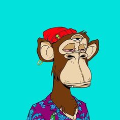 a monkey with a red hat on its head wearing a blue shirt and flowered shirt