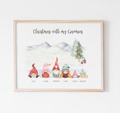 christmas with my gnomes watercolor art print in wooden frame hanging on the wall