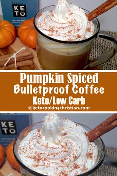 pumpkin spiced bulletproof coffee with whipped cream and cinnamon on the top, in a glass mug