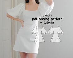 PDF Digital Sewing Pattern for the Ophelia Puff Sleeved Mini Dress An ethereal version of a modern fairytale dress with fitted bodice and an A-line skirt, a square neckline and puff sleeves. The sewing video tutorial is available on the Dressmaking Amóre YouTube channel.  What's Included:  6 sizes XS - 2XL (see size chart in listing photos) A4/Letter file format A0 Copyshop file format Photo + written instructions in booklet (only in English)  Complexity level for sewing pattern: 1/5 Recommended Scuba Knit, Modern Fairytale, Fairytale Dress, Clothes Patterns, Knit Mini Dress, Dress Sewing Patterns, Knitting Materials, File Format, Mini Dress With Sleeves