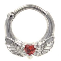 a red heart shaped nose ring with wings