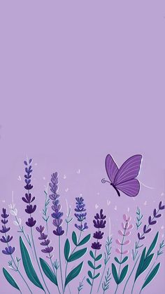 a painting of purple flowers and a butterfly flying over them on a lilac background