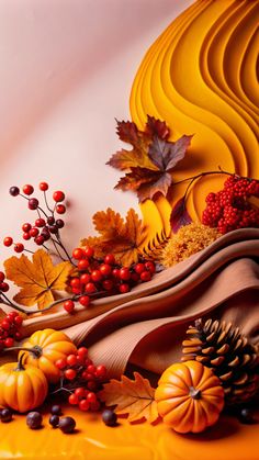 a cake decorated with fall leaves, berries and acorns on top of a table