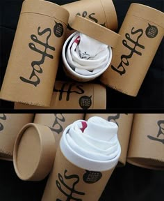 there are many cups with lids on the same cup as each other, and one is wrapped in brown paper