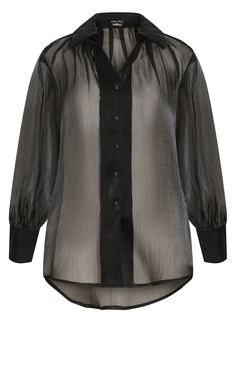 Introduce the Iliana Shirt - your new wardrobe favorite. Featuring a collared neckline, sheer metallic fabrication and subtle hi-lo hem, your go-to styles are bound to be elevated with this shirt. Key Features Include: - Collared neckline - Front button closure - Full length sleeves - Double buttoned cuff - Sheer metallic fabrication - Relaxed fit - Subtle hi-lo hip length hemline Team with a stylish belt and classic jeans. | Plus Size Iliana Shirt in Black, Size 16 | City Chic Main Character Vibes, Dresses Date Night, Plus Size Shirt, Corset Shirt, Jeans Plus Size, Sheer Shirt, Date Night Dresses, Basic Long Sleeve, Classic Jeans