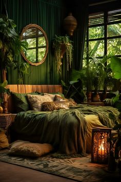 a bed with green sheets and pillows in a room filled with potted greenery