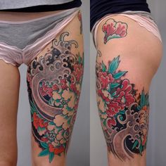 a woman's thigh with tattoos and flowers on her thighs, before and after tattooing