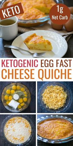 keto egg fast cheese quiche is shown in four different pictures, including the ingredients