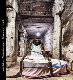 a large stuffed animal sitting on top of a bed in an old stone building with columns