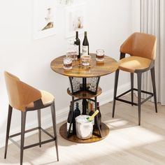 three stools and a table with drinks on it in a white living room area