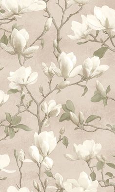 a wallpaper with white flowers and green leaves