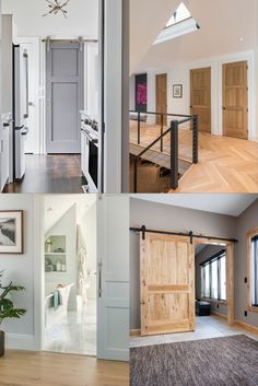 four pictures of different rooms with wooden doors and wood flooring, including an open door to another room