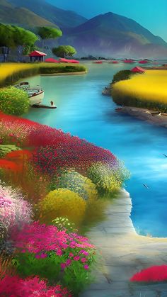 a painting of a river with boats and flowers in the foreground, surrounded by mountains