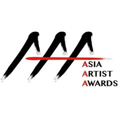 the asia artist awards logo is shown in red and black, with two people standing behind it