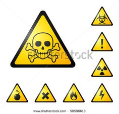 yellow warning signs with skull and crossbones on them, all in different colors