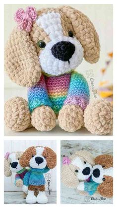 crocheted stuffed dog with sweater and bow sitting in front of two pictures, one is