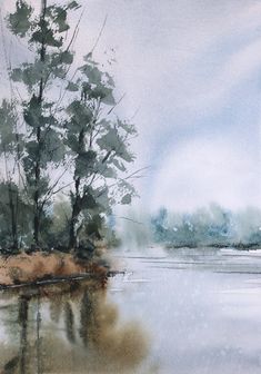 a watercolor painting of trees in the foreground and a body of water on the far side