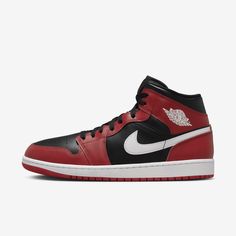 Inspired by the original AJ1, this mid-top edition maintains the iconic look you love while choice colors and crisp leather give it a distinct identity. Mens Nike Jordans, Nike Air Jordan 1 Man, Air Jordan Retro 1, Jordan Retro 1, Nike Air Jordan 1 Mid, Jordan Red, Mens Shoes Black, Air Jordan Retro, Retro 1