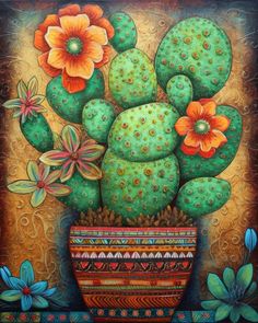 a painting of a cactus in a pot with flowers