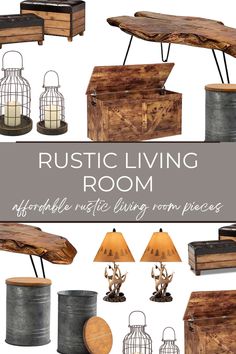 rustic living room furniture and decor with text overlay that reads, rustic living room