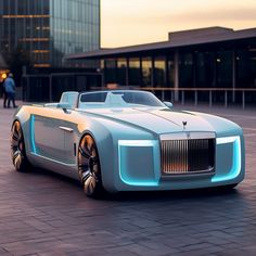 a futuristic car is parked in front of a building