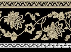 an ornate border with flowers and leaves in black, white and gold colors on a black background