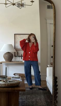 Eccentric Minimalist Style, Bright Red Clothes, 333 Outfit Method, Late September Outfits, Hankerchief Outfits, Colorful Minimalist Outfit, Eclectic Maximalism Fashion, Red Button Down Shirt Outfit, Red Oversized Tshirt Outfit