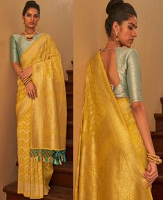 Yellow Banarasi  Saree,Banarasi Silk Saree for Women wedding,party,festive Wear Yellow, Blue Stylish Blouse Sari Traditional Style Yellow Banarasi Silk Saree, Banarasi Blouse Designs Latest, Yellow Banarasi Saree, Haldi Saree, Sari Traditional, Haldi Function, Blouse Sari, Indian Dresses Online, Latest Model Blouse Designs