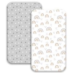 two iphone cases with rainbows and stars on them, one in grey and the other in white