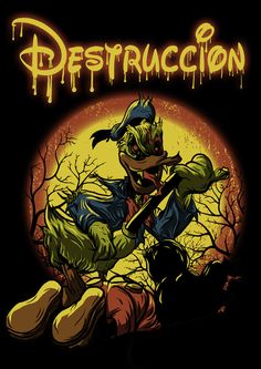 an image of a cartoon character in front of a full moon with the words destruction on it