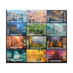 a board game with lots of cards and pictures on the front side, including an image of a city