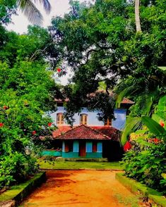 an old house surrounded by lush green trees and flowers in the foreground is a dirt path leading to it