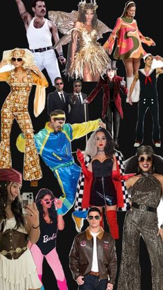 collage of people dressed in costumes and posing for the camera with their hands on their hipss