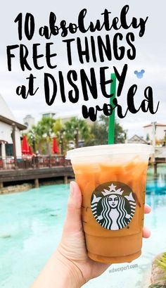 a hand holding up a drink with the words 10 absolutely free things at disney world