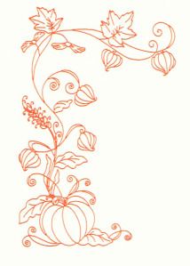 a drawing of a pumpkin with leaves and vines on it's side, in orange ink