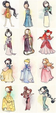 the princesses are all dressed up in different outfits