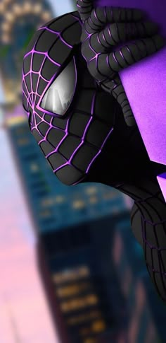 a close up of a purple spider man in front of a cityscape with skyscrapers